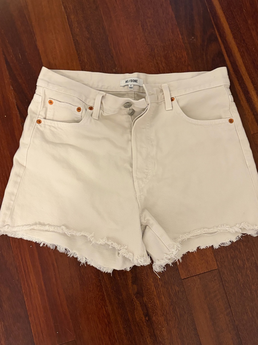 Re/Done Cream Denim Shorts